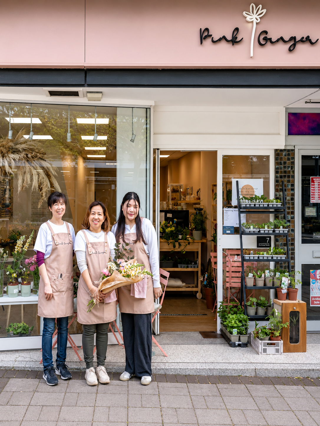 Pink Ginger Flower Cafe team outside the Paris Street shop