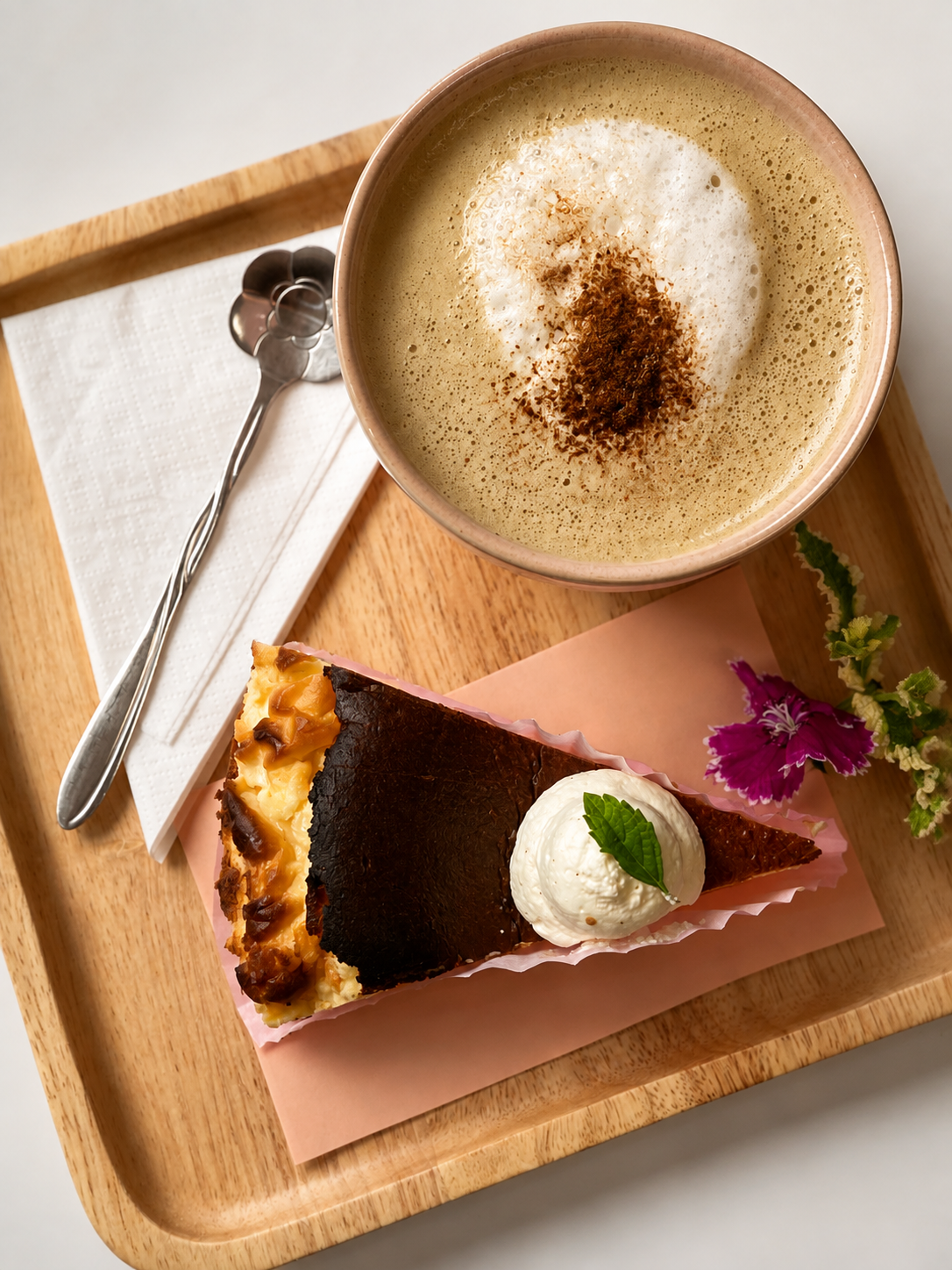 Cake slice and foamed coffee on a wooden tray