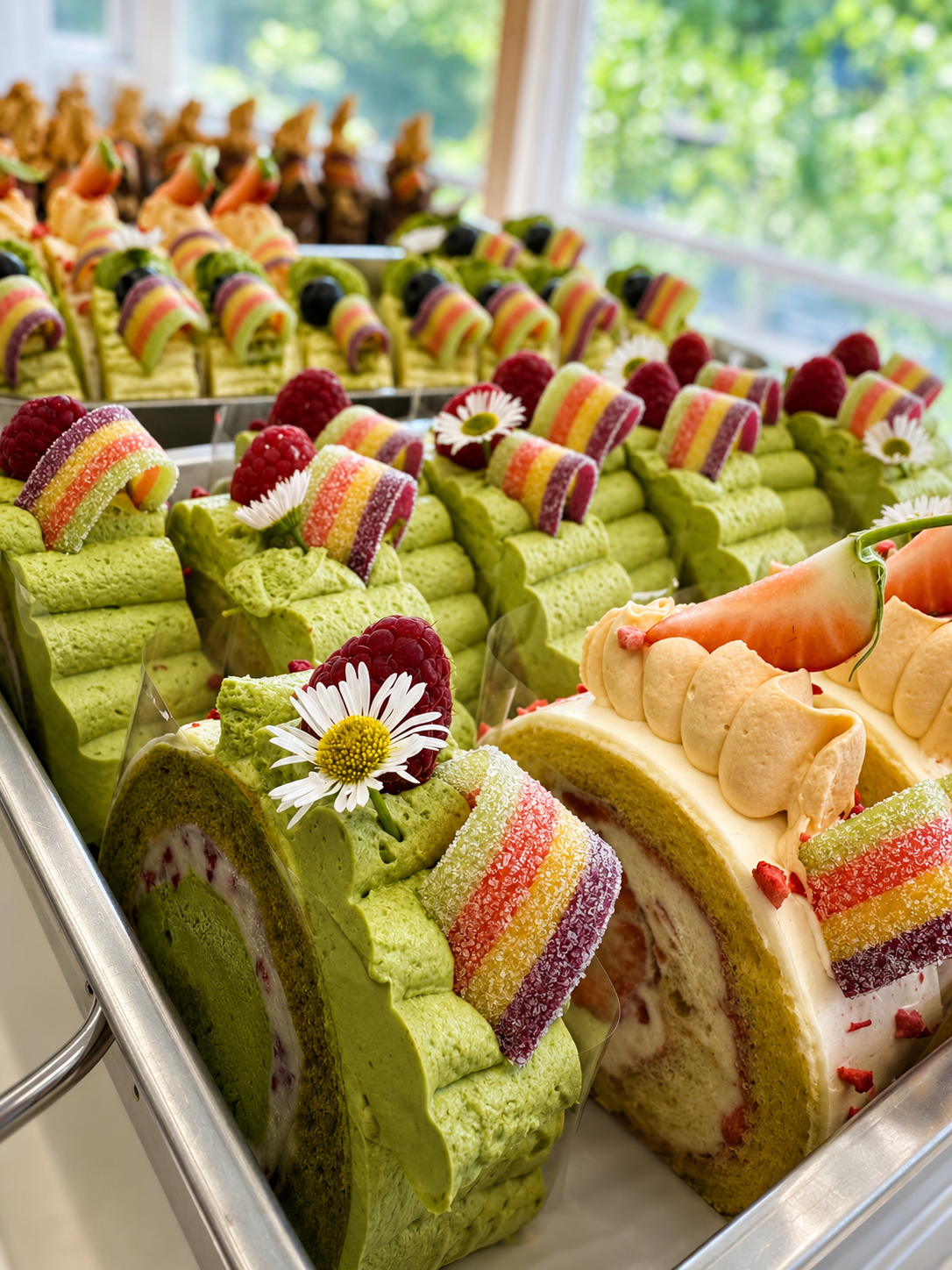 Colourful roll cake slices with fruit and flowers